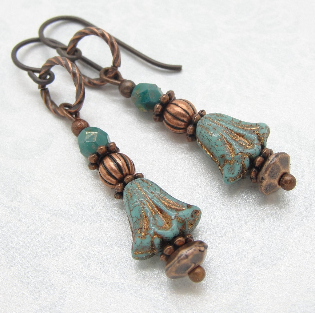 Antiqued Copper Flower Earrings with Turquoise Glass Beads and Niobium Earwires