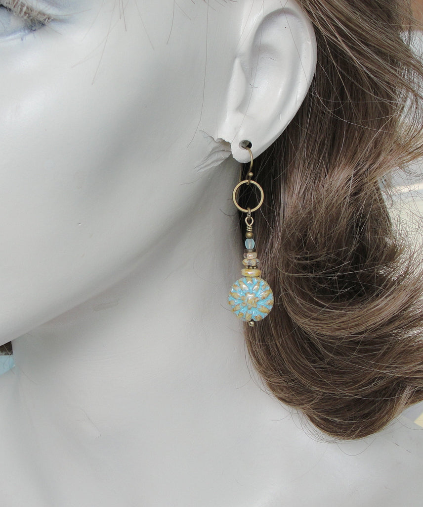 Flower Earrings with Turquoise Blue and Tan Glass Beads with Niobium or Brass Earwires on