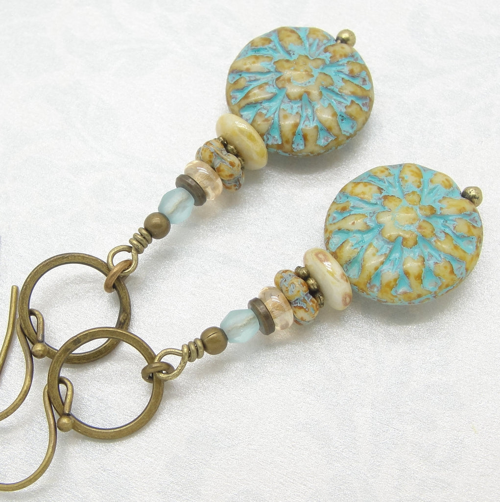 Flower Earrings with Turquoise Blue and Tan Glass Beads with Niobium or Brass Earwires