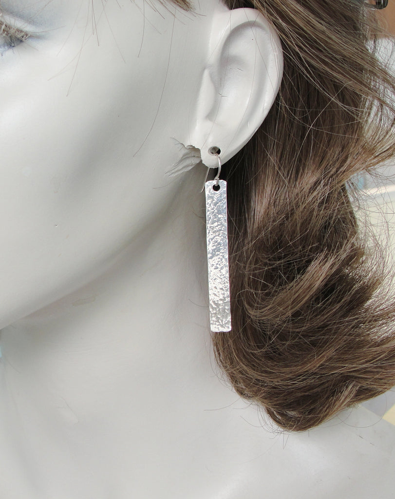 Hammered Rectangle Bar Earrings in Sterling Silver that are 2 and a Quarter Inch Long on