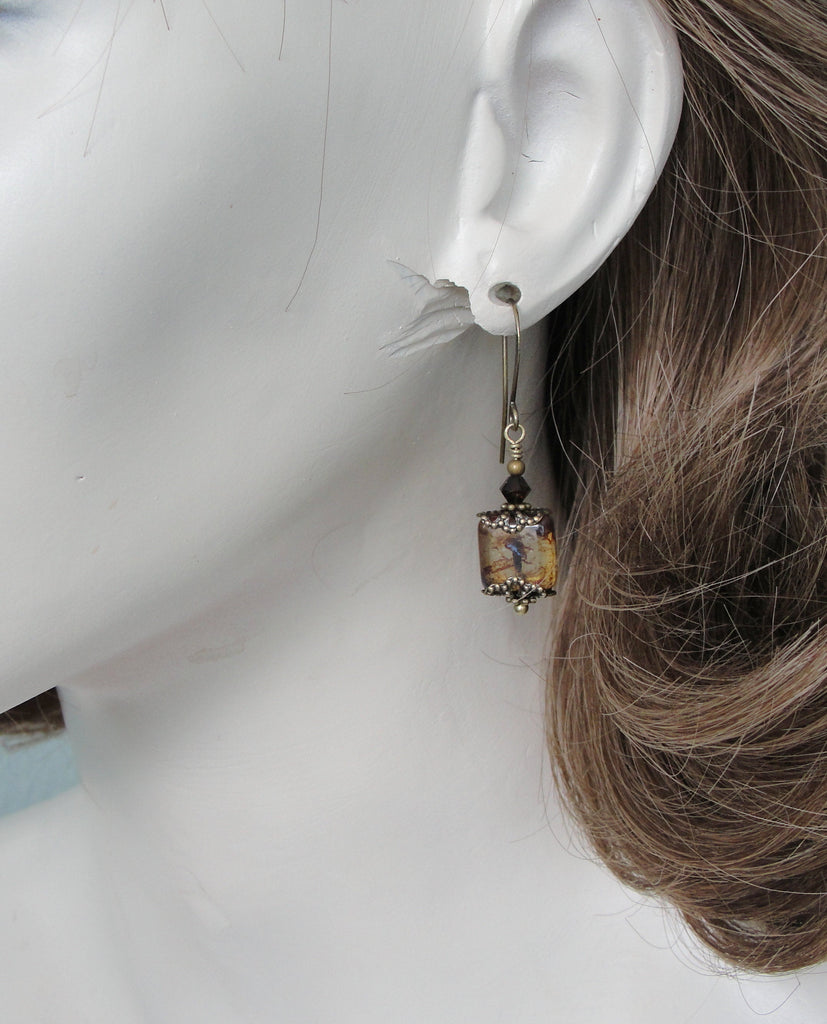 Victorian Earrings in Marbled Brown Weathered Tiles on