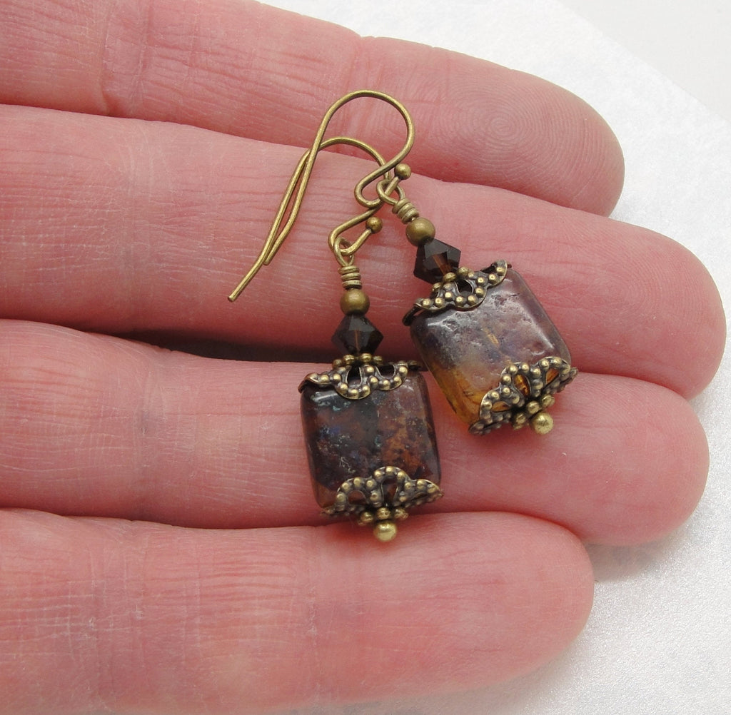 Victorian Earrings in Marbled Brown Weathered Tiles hand