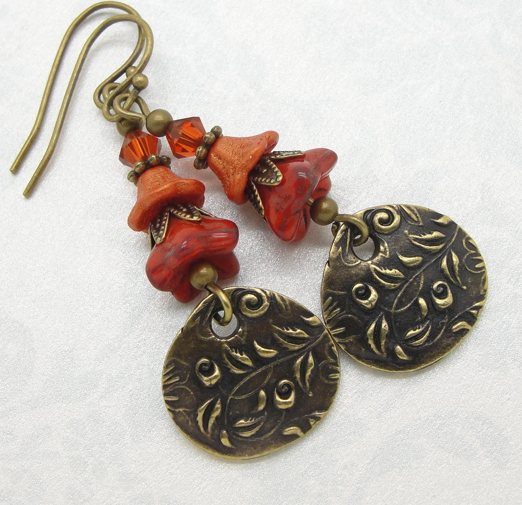 Burnt Orange and Red Boho Flower Earrings with Glass Beads