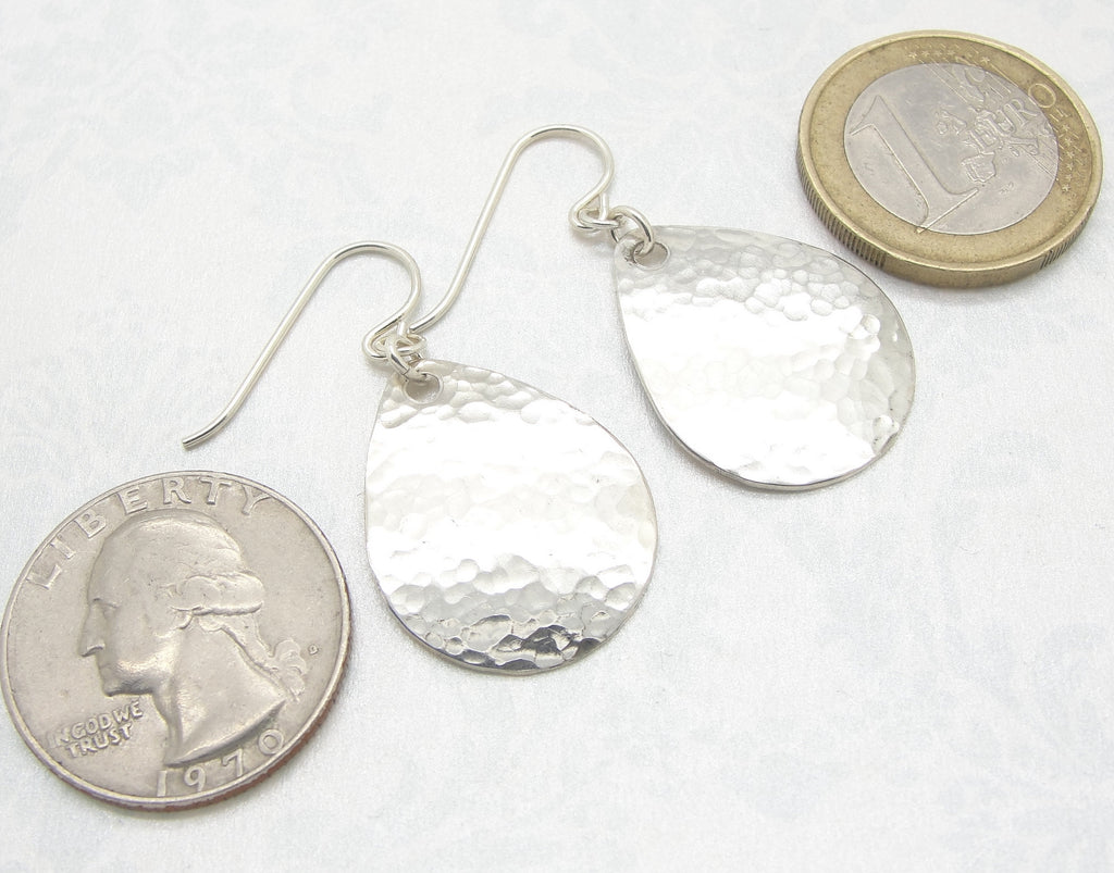 Medium Small Sterling Silver 1 Inch Teardrop Earrings in Solid 925 with Hammered Texture coins