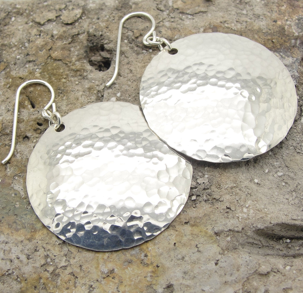 ML Hammered Sterling Silver Disc Earrings in the 1-1/4 Inch Medium Large Size by Cloud Cap Jewelry
