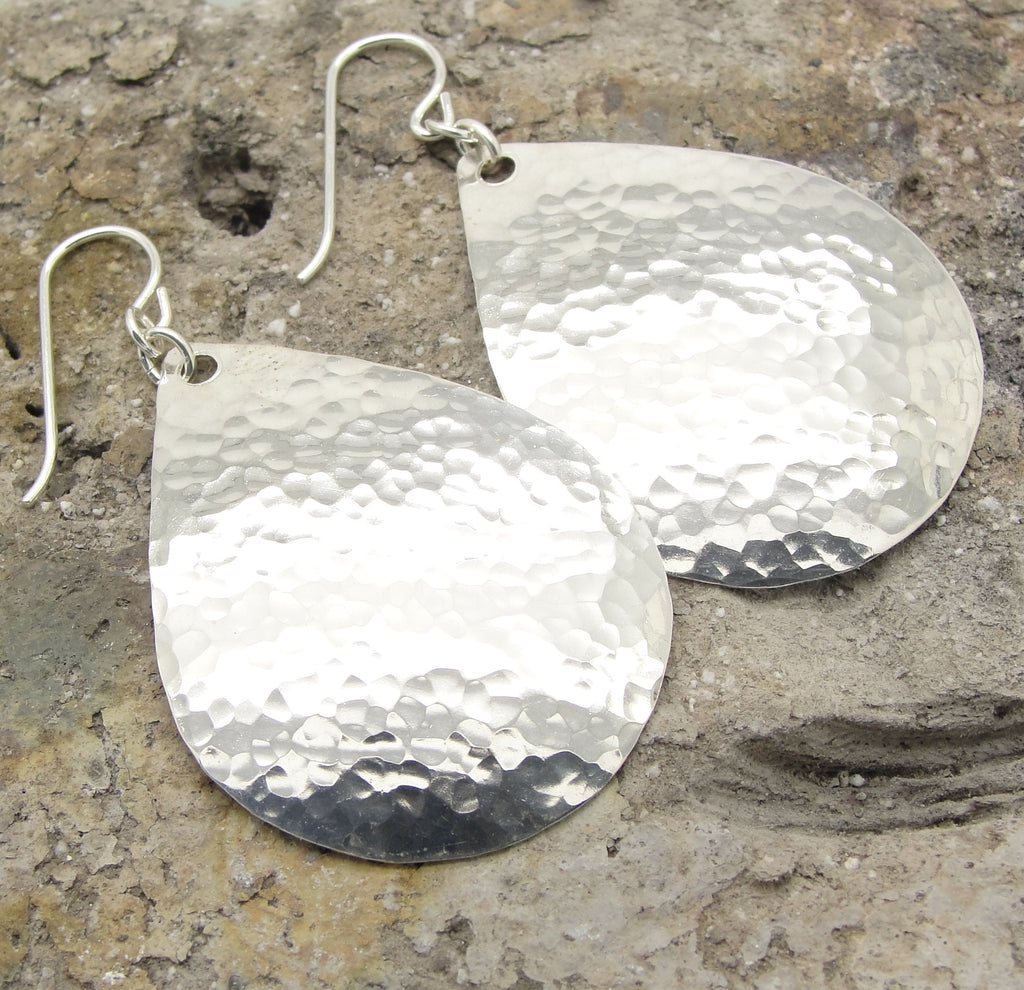 Large Sterling Silver 1 1/2 Inch Teardrop Earrings in Hammered Finish in Solid 925 by Cloud Cap Jewelry