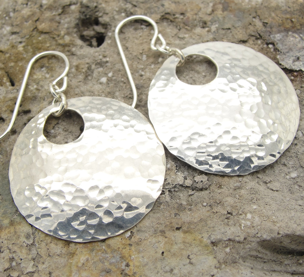 Medium Hammered Sterling Silver Earrings with Peephole in 1 Inch Round Disc in Solid 925 by Cloud Cap Jewelry