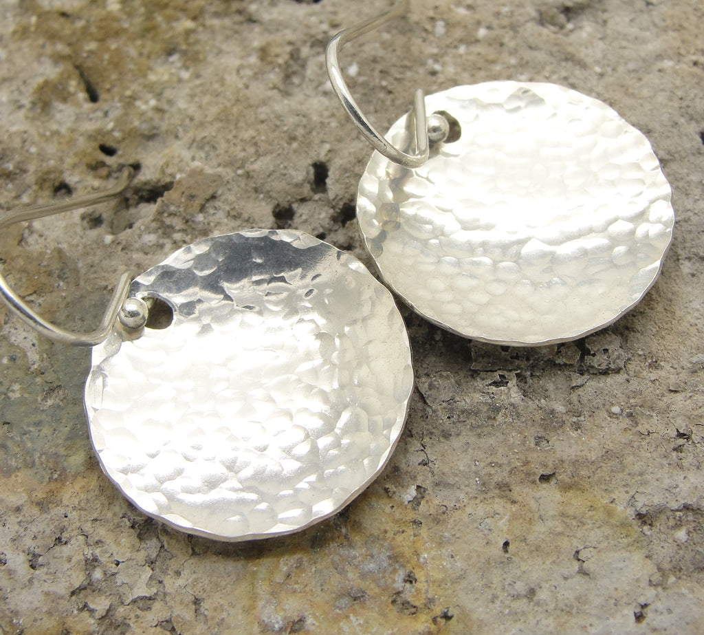 Small 3/4 Inch Disc Earrings in Hammered Sterling Silver that are Slightly Dish or Bowl Shaped 