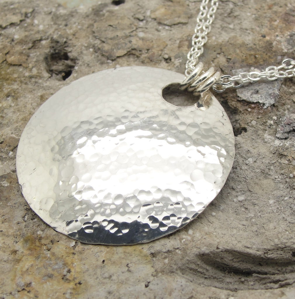 Large Sterling Silver 1 1/2 Inch Disc Necklace with Double Chain with Hammered Finish by Cloud Cap Jewelry