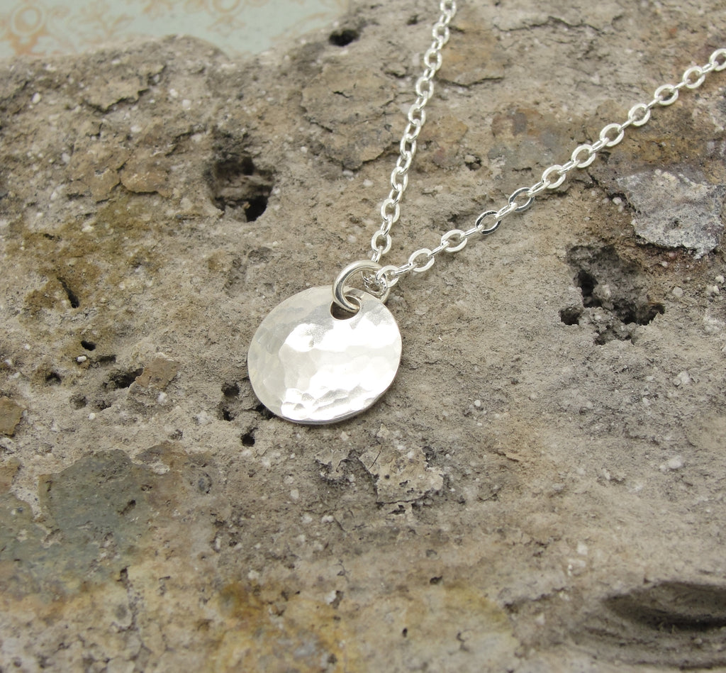 Tiny Sterling Silver Hammered Disc Necklace in 3/8 inch Circle with Cable Chain