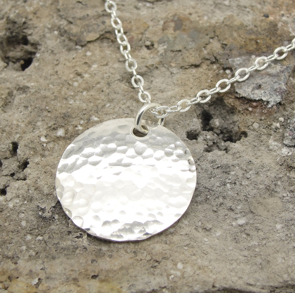 Small Sterling Silver Hammered 3/4 Inch Disc Necklace with Cable Chain