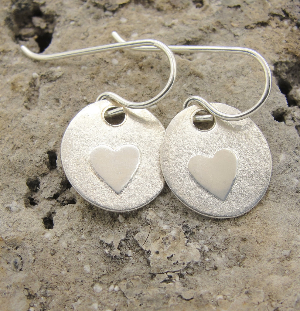 Extra Small Roller Printed Heart Disc Earrings in Solid Sterling Silver 925