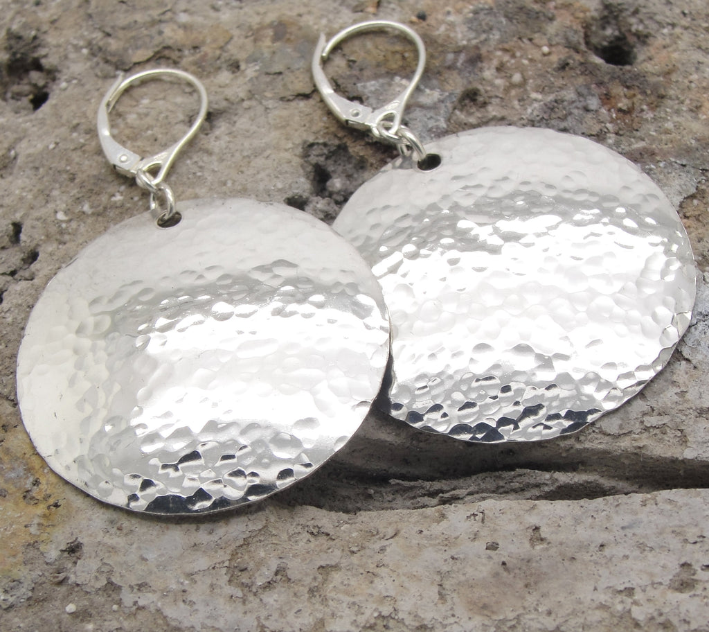 ML Hammered Sterling Silver Disc Earrings in the 1-1/4 Inch Medium Large Size leverbacks