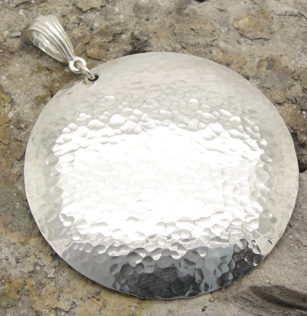 Extra Large Disc Pendant in Hammered Sterling Silver in 2 Inch Diameter Size close up
