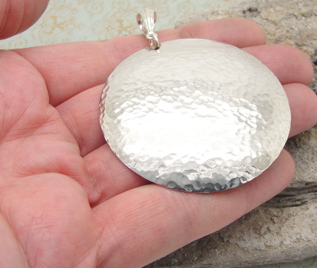 Extra Large Disc Pendant in Hammered Sterling Silver in 2 Inch Diameter Size