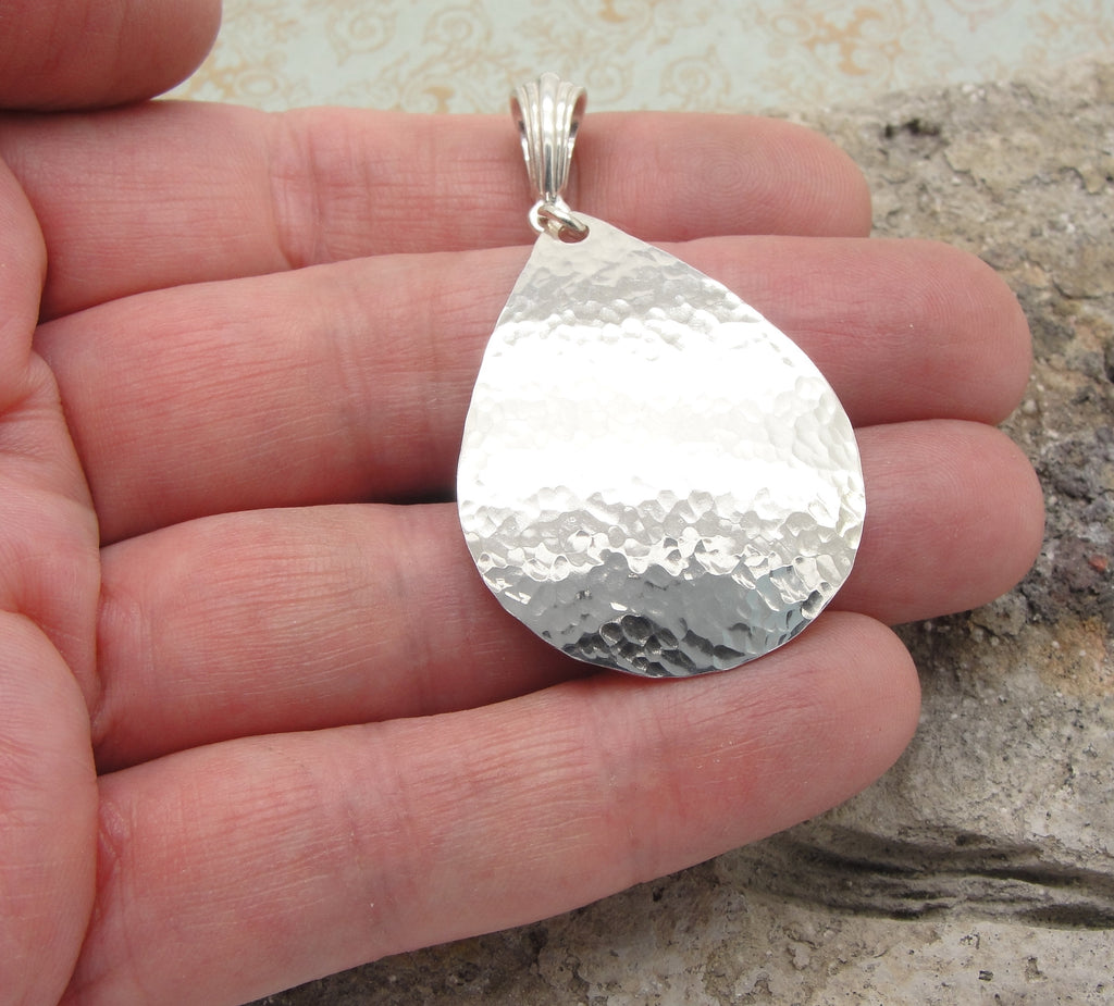 Large Teardrop Pendant in Hammered Sterling Silver in 2 1/4 Inch Length 