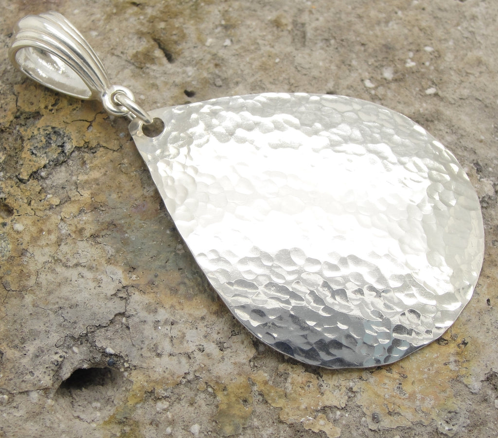 Large Teardrop Pendant in Hammered Sterling Silver in 2 1/4 Inch Length by Cloud Cap Jewelry