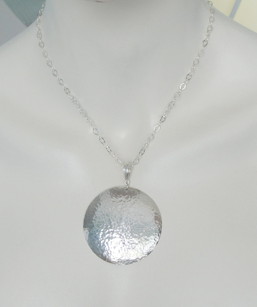 Extra Large Sterling Silver 2 Inch Disc Necklace with Chain and Hammered Finish by Cloud Cap Jewelry