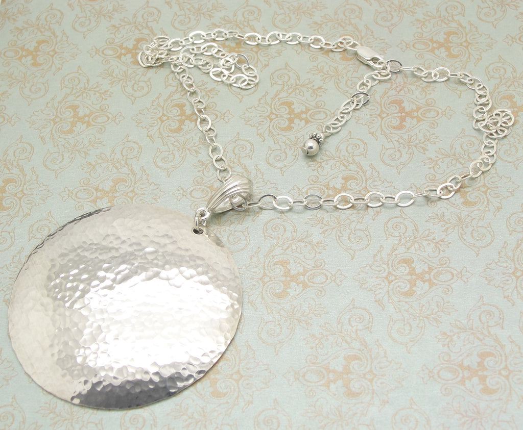 Extra Large Sterling Silver 2 Inch Disc Necklace with Chain and Hammered Finish whole