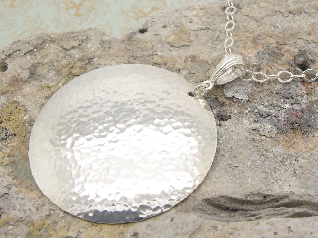 Extra Large Sterling Silver 2 Inch Disc Necklace with Chain and Hammered Finish