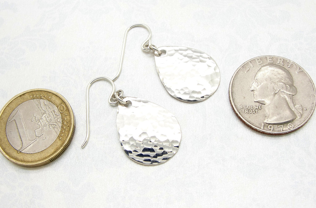 Small Hammered Teardrop Earring in Sterling Silver and 1-1/4 Inch Long Size coins