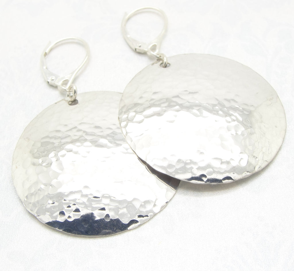 Large 1 1/2 Inch Disc Earrings in Hammered Sterling Silver with leverbacks by Cloud Cap Jewelry