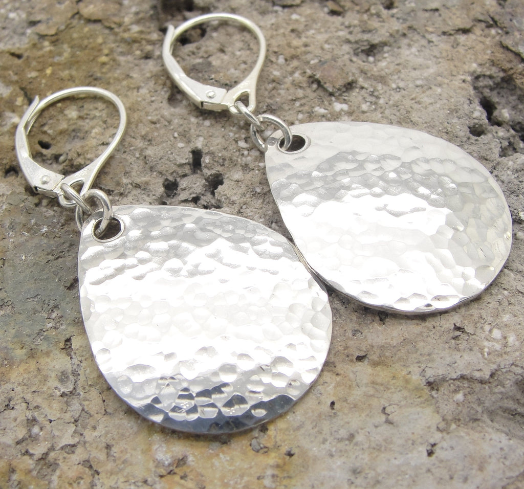 sterling silver hammered teardrop earrings with leverbacks