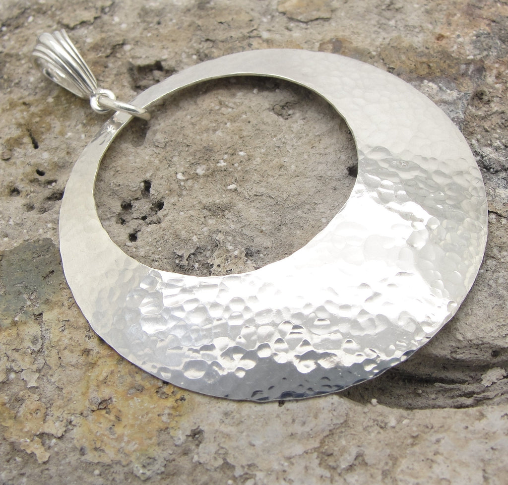Extra Large Disc Pendant with Peephole in Hammered Sterling Silver in 2 Inch Diameter by Cloud Cap Jewelry