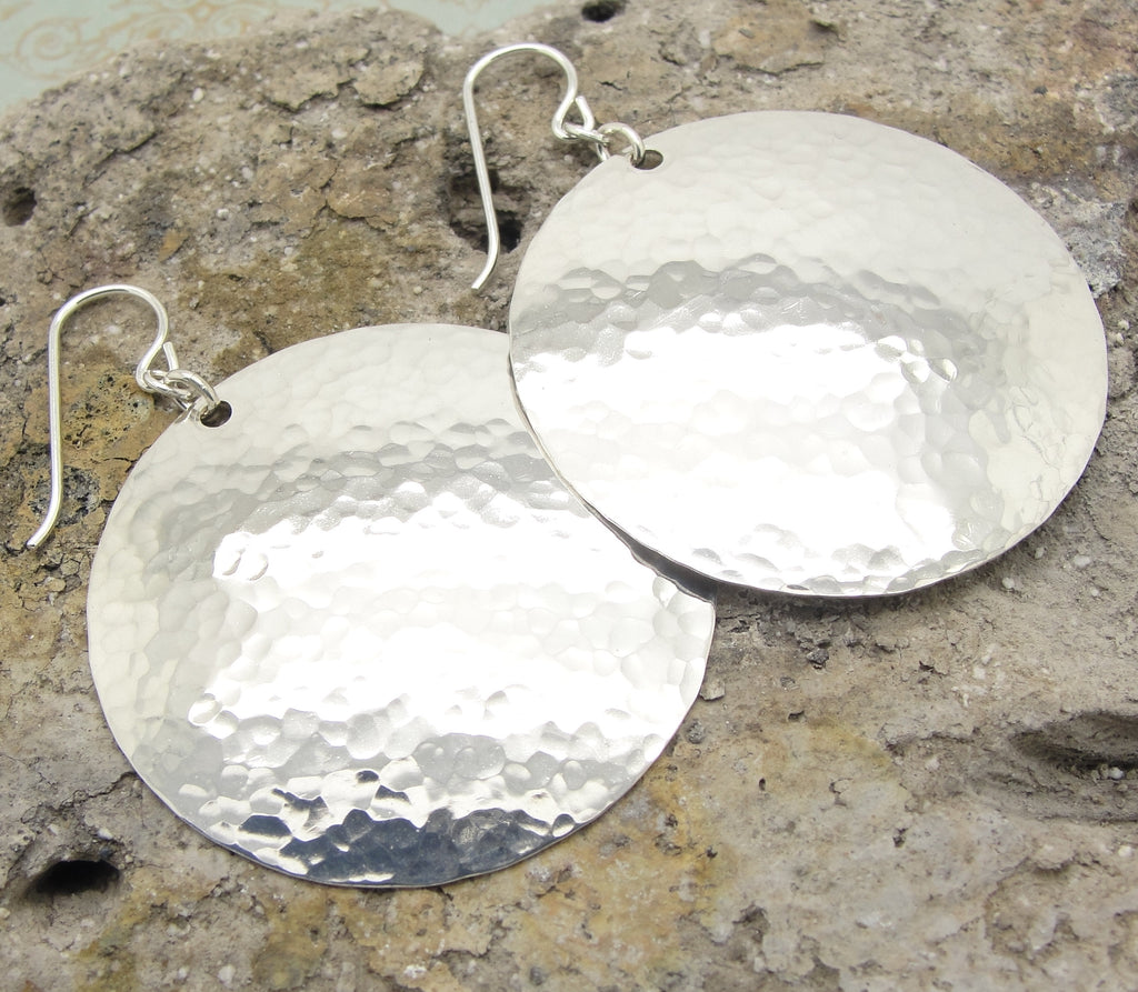 Large 1 1/2 Inch Disc Earrings in Hammered Sterling Silver by Cloud Cap Jewelry