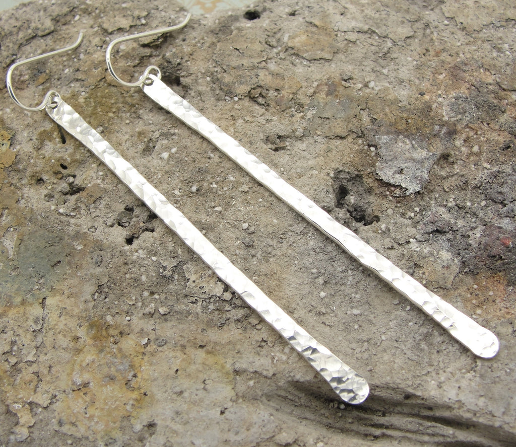 Long Hammered Stick Earrings in Sterling Silver in Organic Freeform Style in Almost 3 Inch Length 
