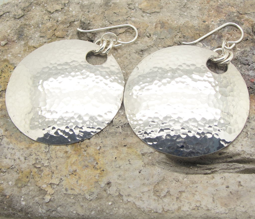 Large 1 1/2 Inch Disc Earrings in Hammered Sterling Silver with Small Peephole by Cloud Cap Jewelry