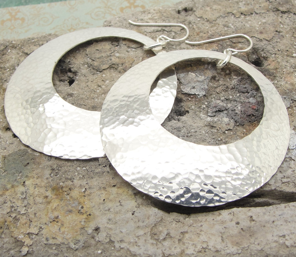 Extra Large Peephole Earrings in Hammered Sterling Silver Discs in 2 Inch Diameter Size