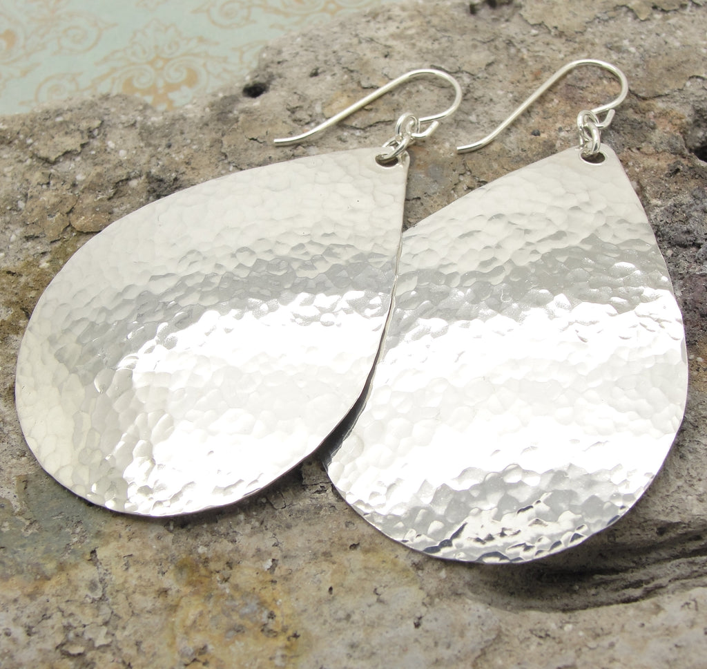 Extra Large Sterling Silver 2 Inch Teardrop Earrings in Hammered Finish in a Big, Bold Size by Cloud Cap Jewelry