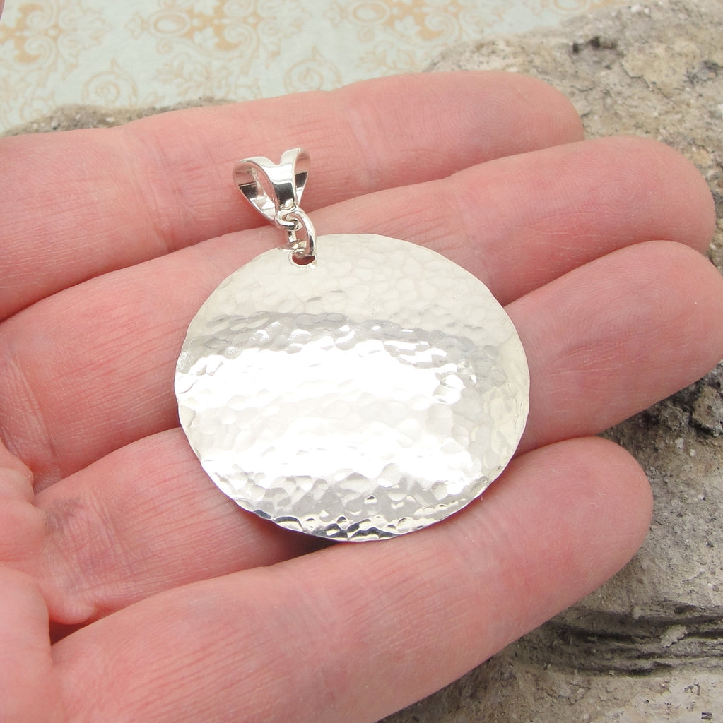 Medium Large Disc Pendant in Hammered Sterling Silver in 1 1/4 Inch Diameter