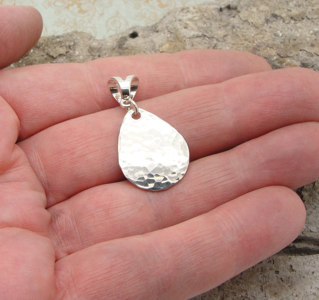 Small Teardrop Pendant in Hammered Sterling Silver in 1 1/4 Inch Length