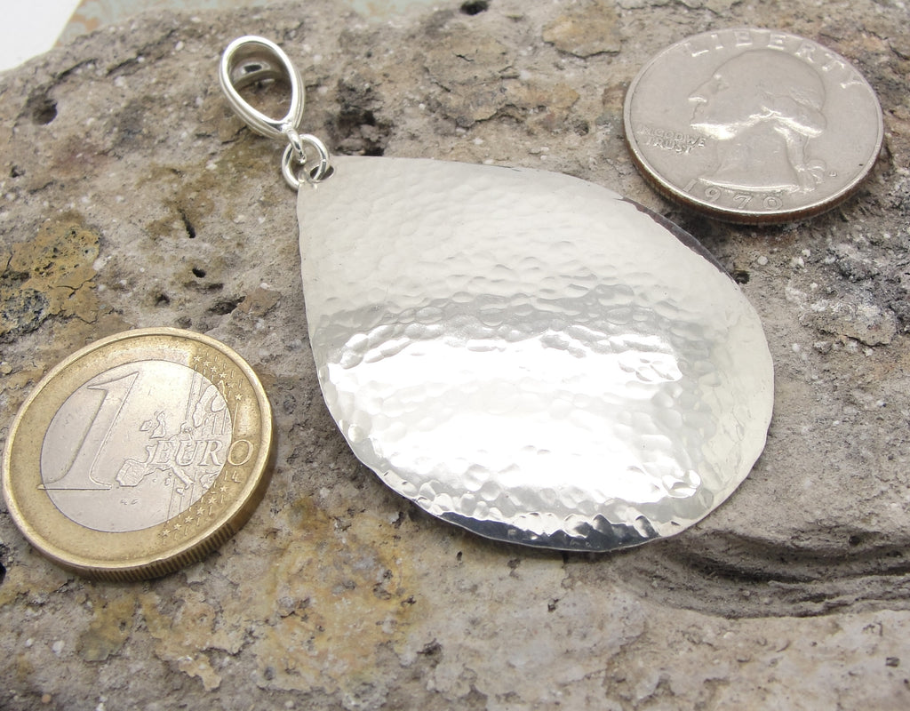 Extra Large Teardrop Pendant in Hammered Sterling Silver in 2 3/4 Inch Length with coins