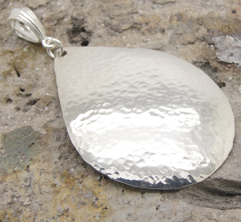 Extra Large Teardrop Pendant in Hammered Sterling Silver in 2 3/4 Inch Length