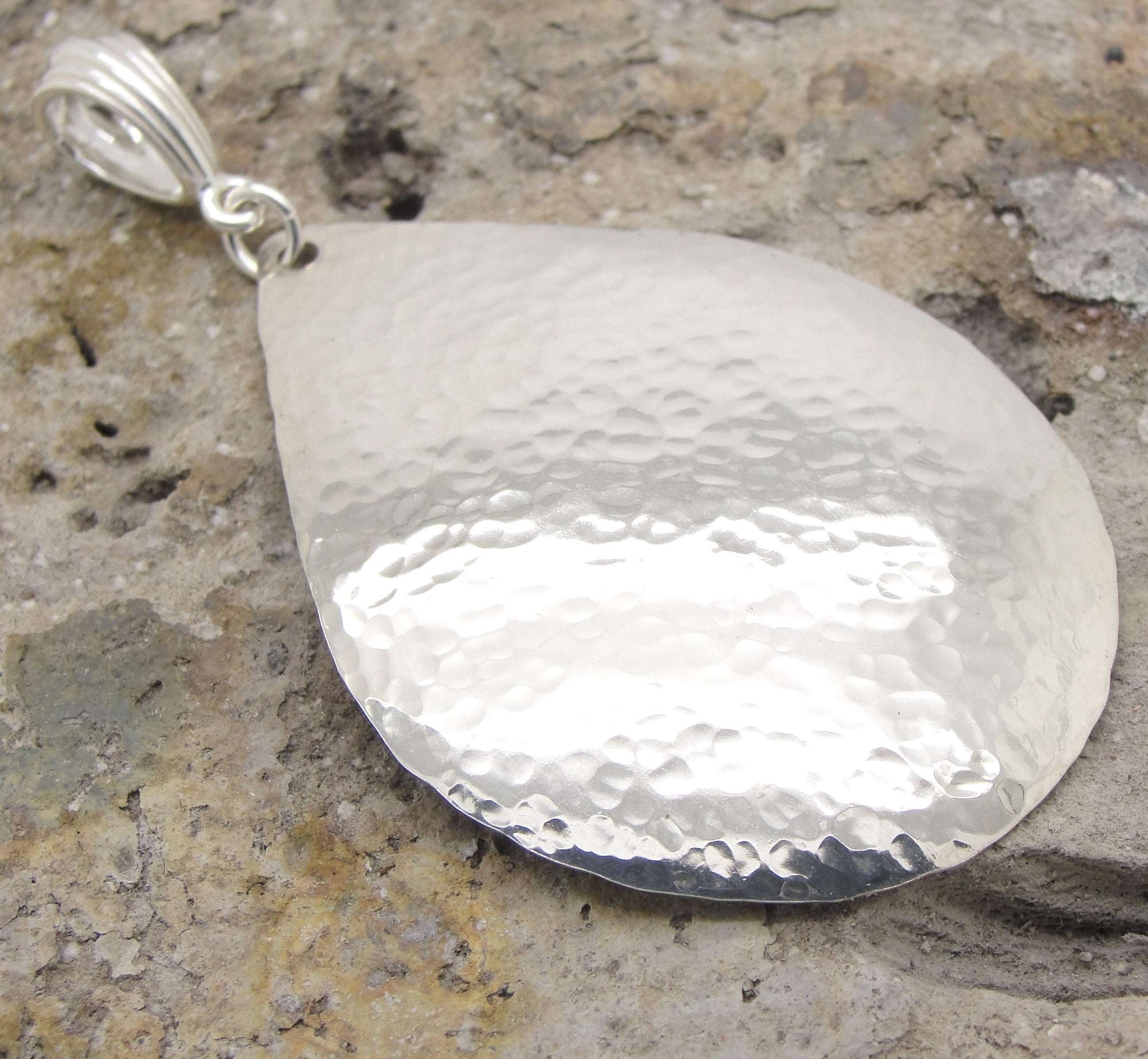 Extra Large Teardrop Pendant in Hammered Sterling Silver in 2 1/4 Inch Length with a Bail and No Chain