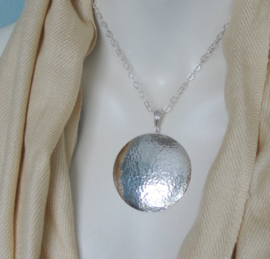 Extra Large Sterling Silver 2 Inch Disc Necklace with Chain and Hammered Finish on