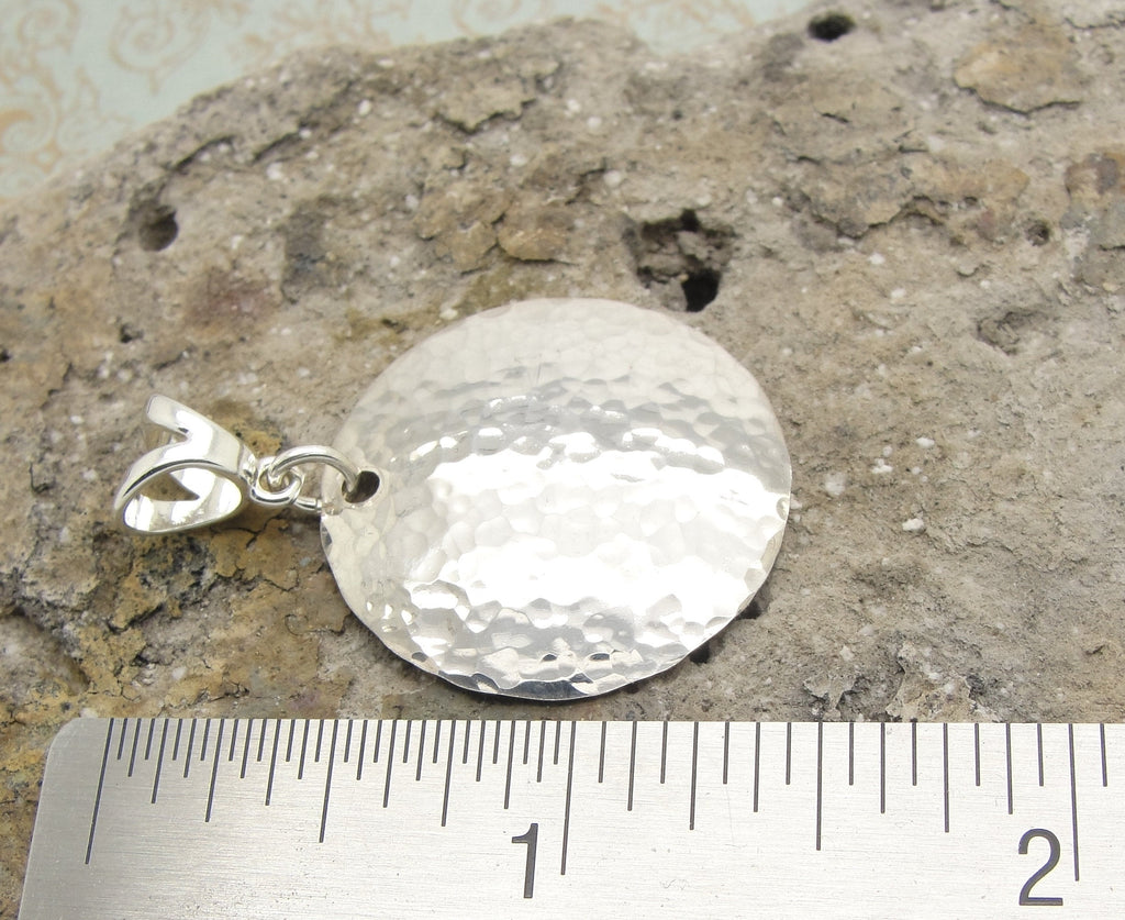 Medium Hammered Sterling Silver Disc Pendant in 1 inch diameter with ruler