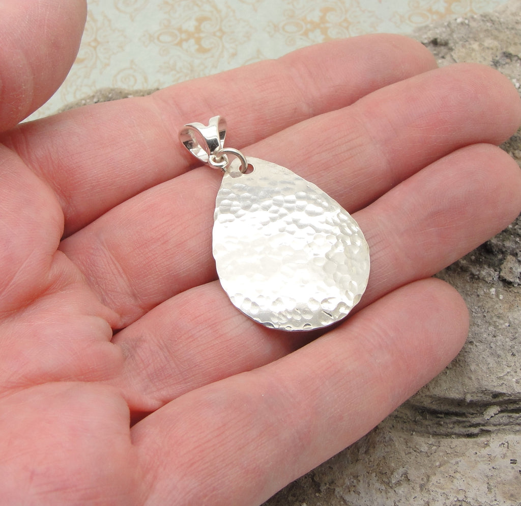 Medium Large Teardrop Pendant in Hammered Sterling Silver in 1 3/4 Inch Length 