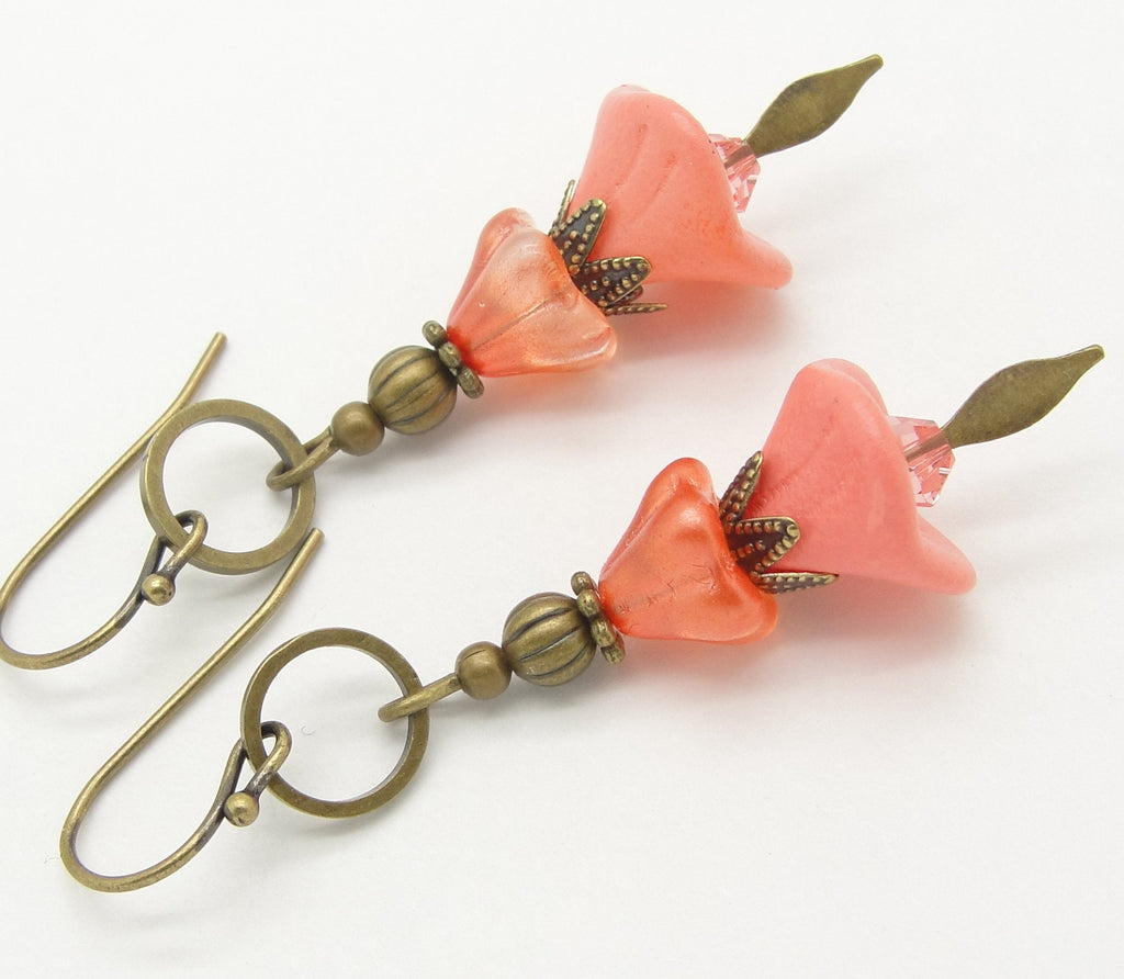 Orange and Peach Flower Earrings in a Boho Stacked Style with Antiqued Brass by Cloud Cap Jewelry
