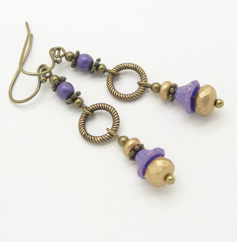 Purple and Gold Flower Earrings with Antiqued Brass Hoops in The Boho Style by Cloud Cap Jewelry