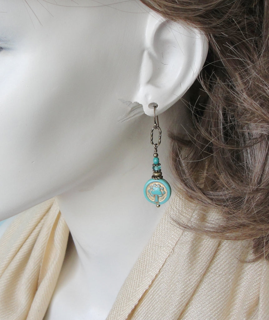 Tree of Life Earrings in Turquoise Blue and Aqua Czech Glass  on