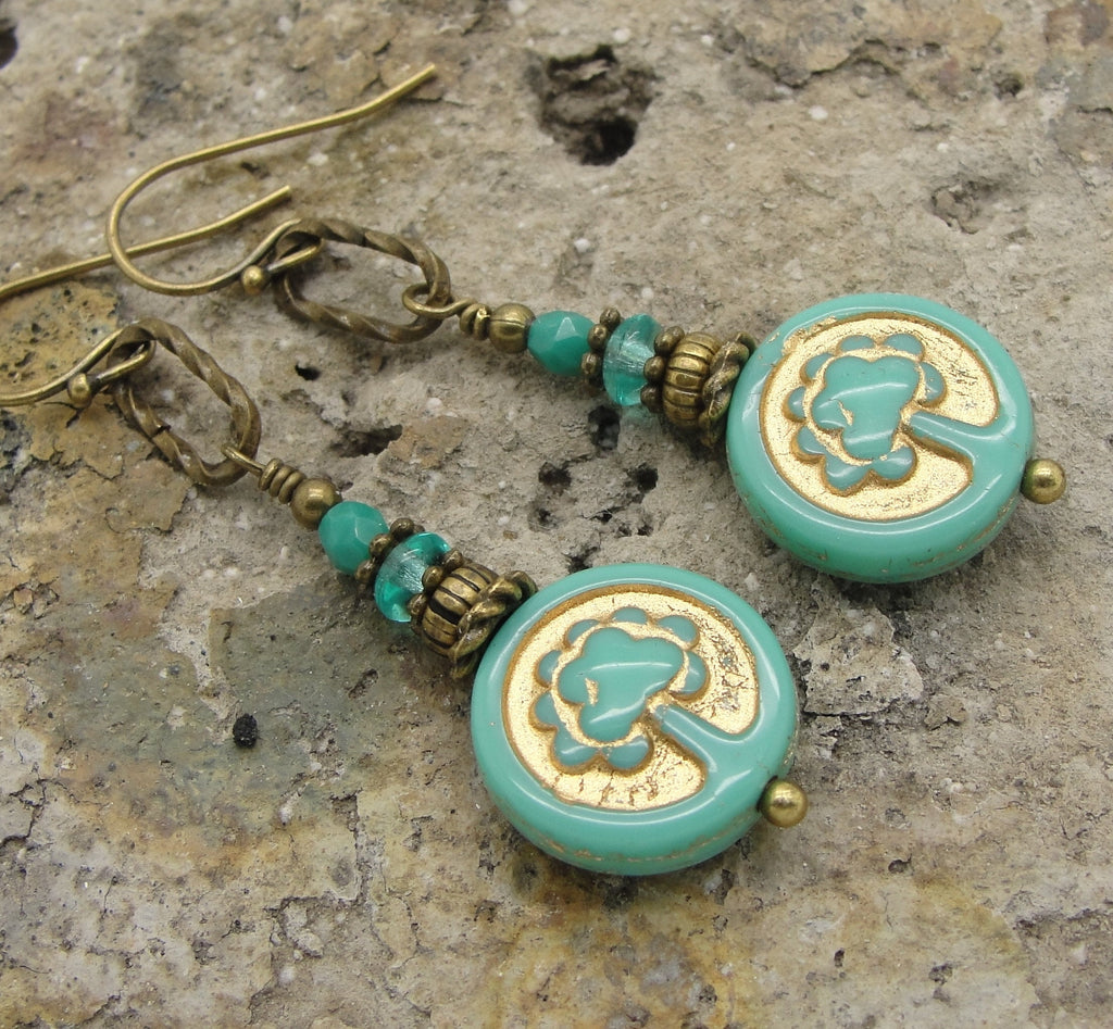 Tree of Life Earrings in Turquoise Blue and Aqua Czech Glass  close