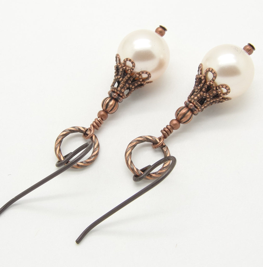 Romantic Cream Swarovski Pearl Earrings with Antiqued Copper by Cloud Cap Jewelry