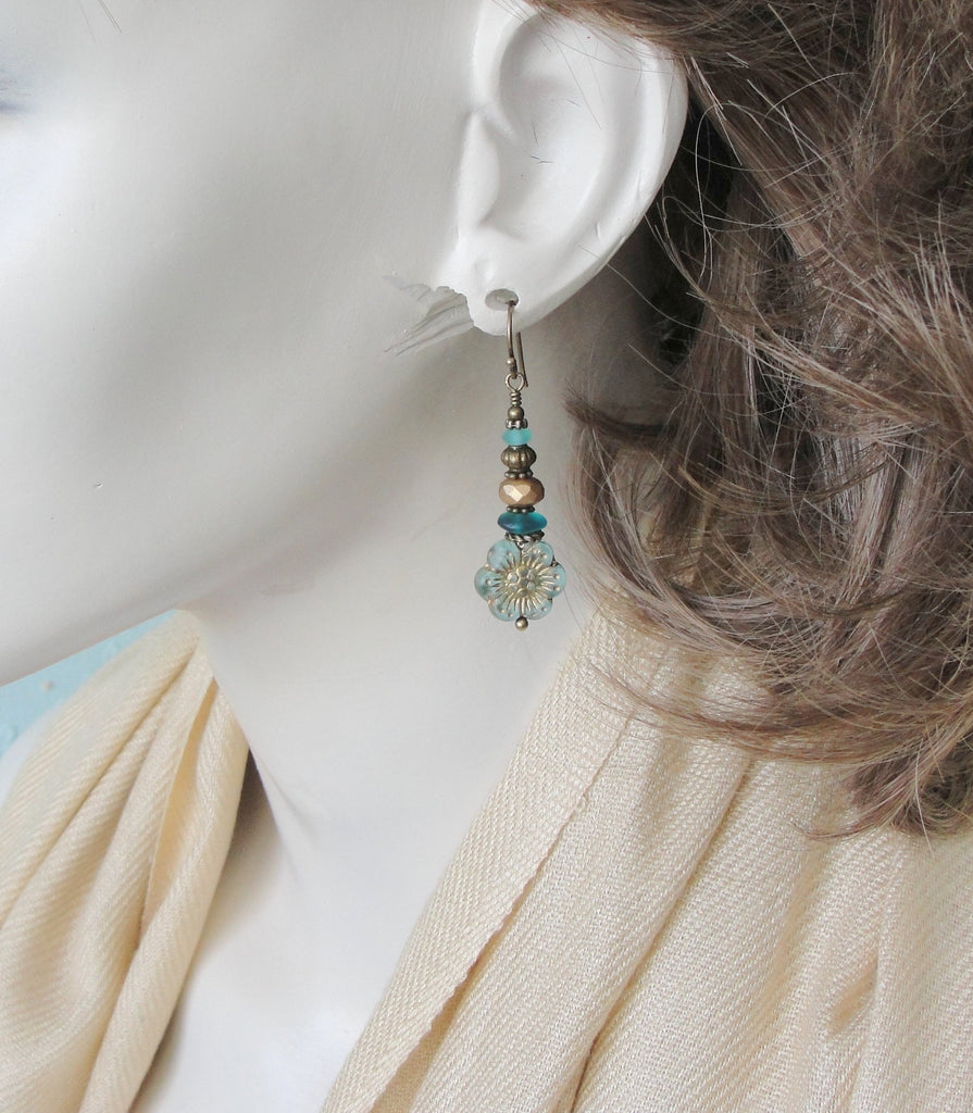 Teal and Gold Tone Flower Earrings in the Stacked Style with Choice of Niobium or Brass Earwires on