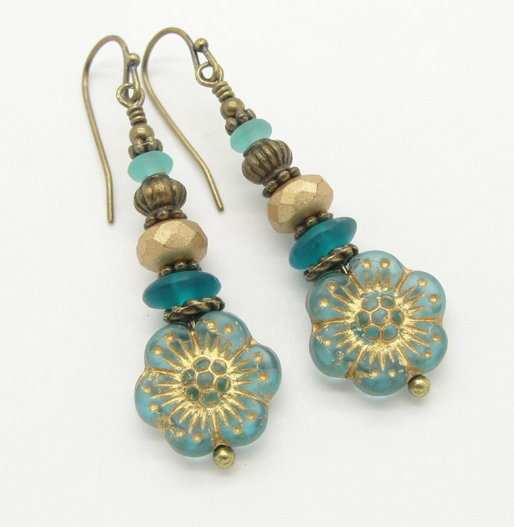 Teal and Gold Tone Flower Earrings in the Stacked Style with Choice of Niobium or Brass Earwires