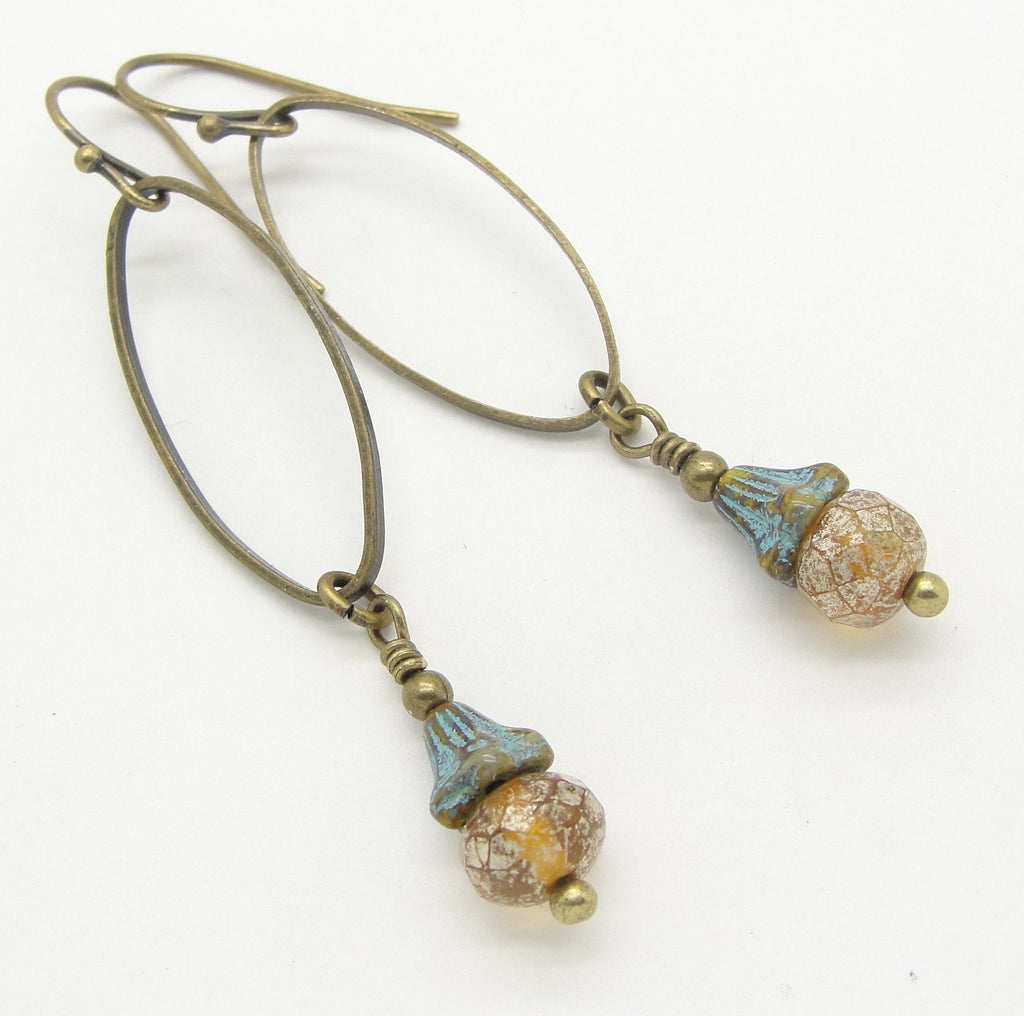 Long Oval Hoop Flower Earrings with Denim Blue and Brown Glass Beads by Cloud Cap Jewelry