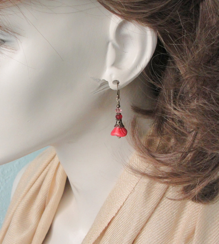 Pink and Red Flower Earrings with Matte Beach Glass and Antiqued Brass by Cloud Cap Jewelry on